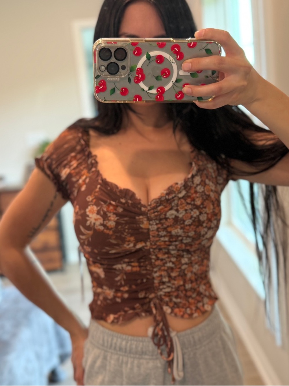 Women’s Brave Fame Floral Ruched Mesh Crop Top - Size XS